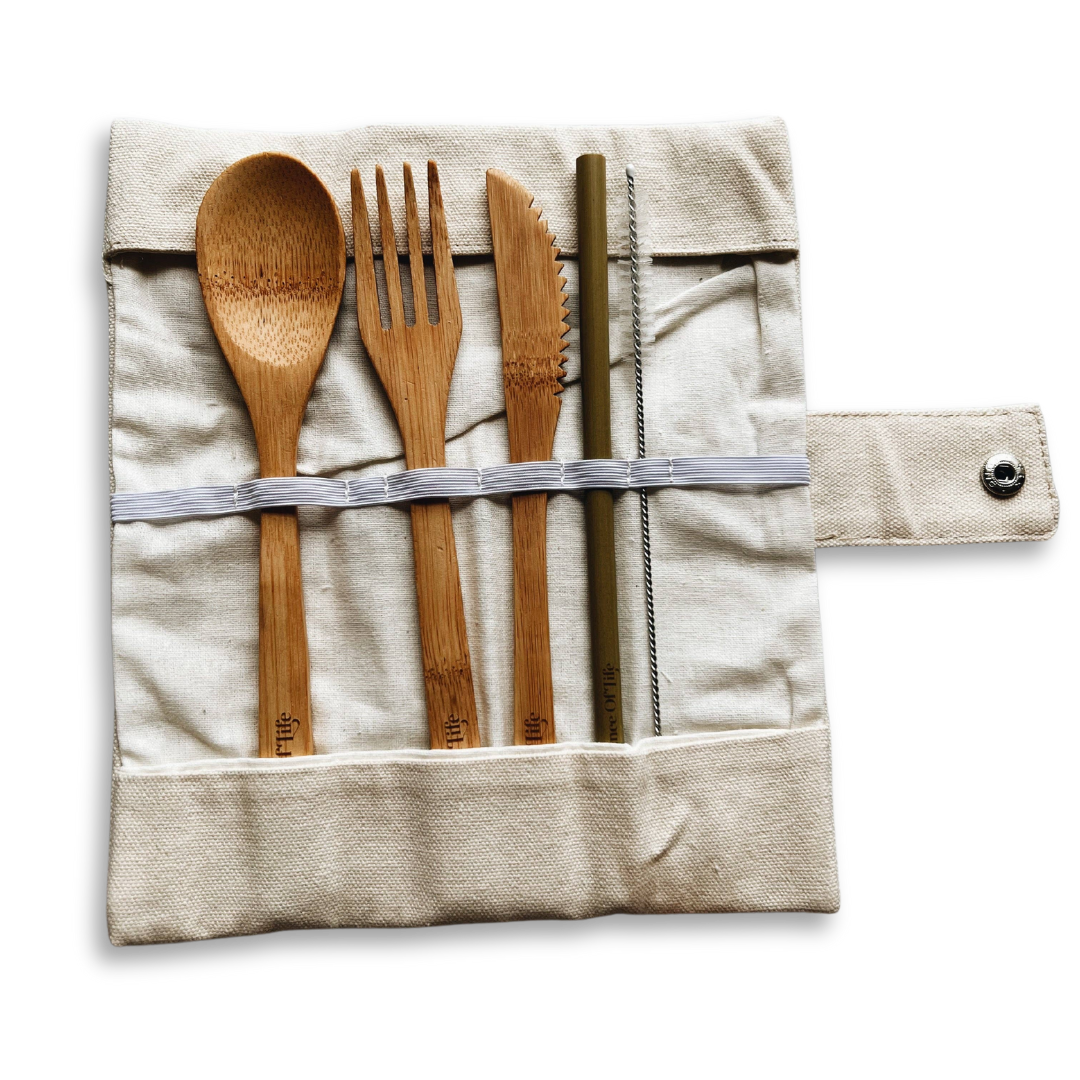 Bamboo Utensil Set with Organic Cotton Carrying Pouch